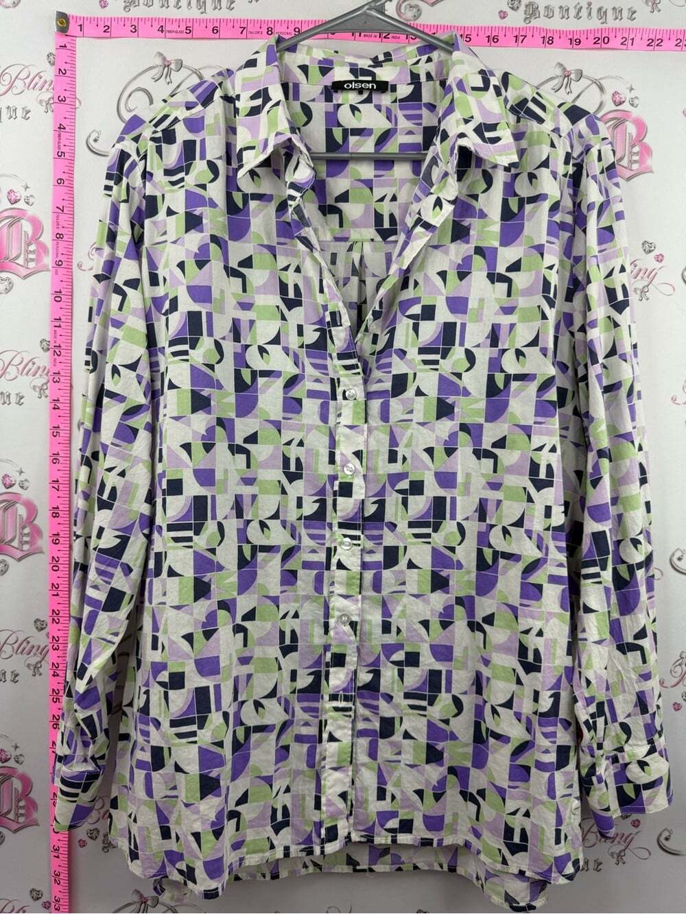 Olsen Purple & Light Green Geometric Button-Down Shirt